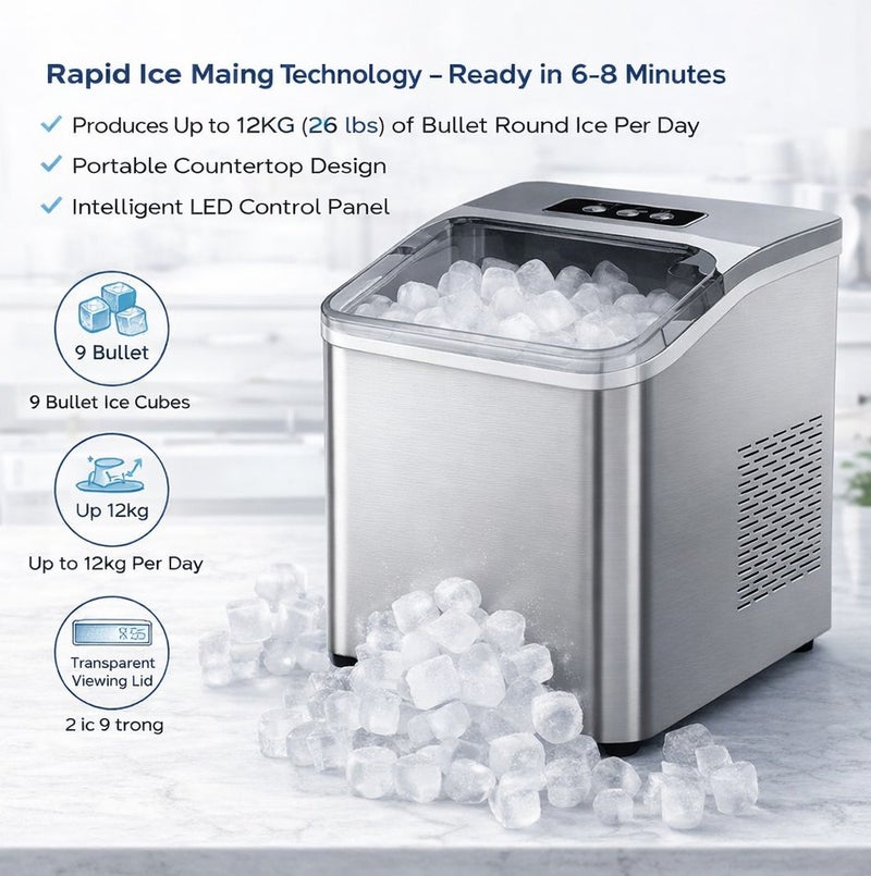 XVersion Portable Ice Maker Machine for Home & Office – Countertop Bullet Ice Maker, 12KG Daily Ice Production, 9 Ice Cubes in 6–8 Minutes, Stainless Steel, Fast & Energy Efficient Ice Machine - Image 1
